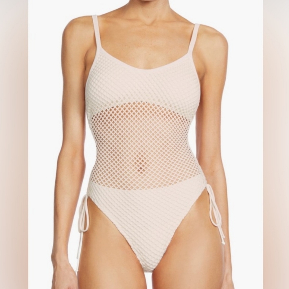 Robin Piccone "Pua Mio" Mesh One Piece Swimsuit, 14, Ecru